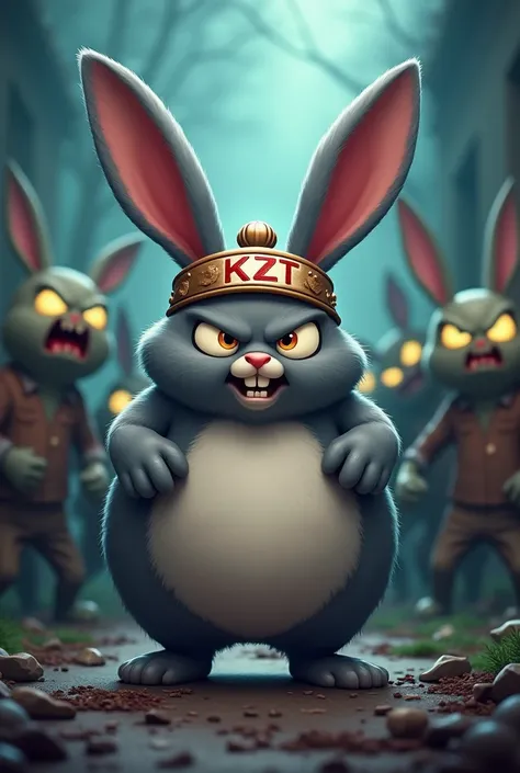 A cute little chubby angry gray rabbit with a headband that says KZT fighting zombies