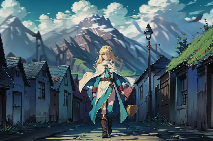 filo, (WithoutFear:1), 1 girl, blonde hair, blue eyes, white coat, light blue jeans, smile, nimble, light blue trident, blue cape, light blue mask, beach, wings, anime, standing, good quality, portrait, looking at viewer