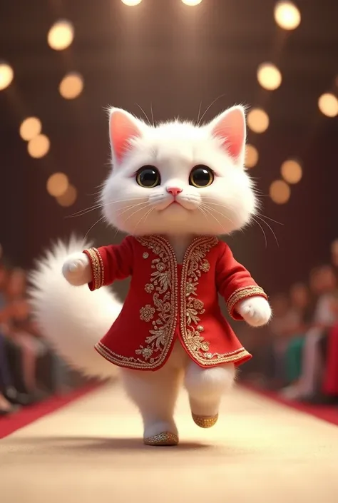 An adorable white cat with soft, fluffy fur and a pink nose skips down the runway, wearing a cute red and gold sherwani, perfectly tailored to her tiny frame. Her tiny jeweled heels sparkle as she hops playfully down the ramp, pausing to give a playful swi...