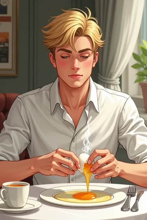 A young white and blond man , at breakfast in a hotel, who breaks the shell of a boiled egg, dans un style de dessin