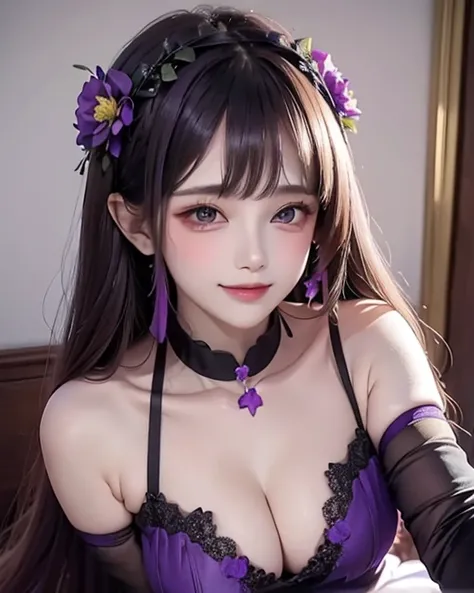 16k, a woman beautiful dress, ((purple dress and black stocking)), purple flowers in head up, smile, realistic  high detailed, ultra realistic, indoor room bed sleep