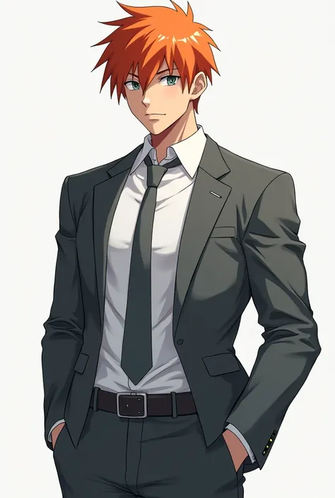 A muscular teenage boy with orange hair wearing a short office suit wearing a gray tie and wearing gray pants., anime 