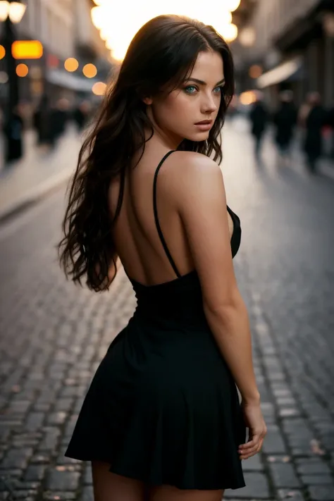 NSFW, naked, nude, ass pose, ass view,(sharp focus:1.2), photo, portrait, attractive young KariSweets , (beautiful face:1.1), super cute and fun, detailed blue eyes, luscious lips, (cat eye makeup:0.85), wearing (form fitting black dress:1.2) on a (night s...