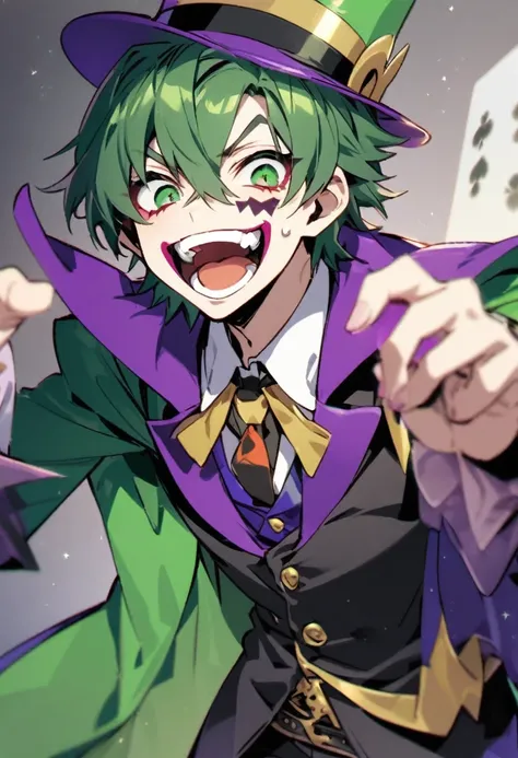 magician,Hair is dark green,Age 35,male,Joker