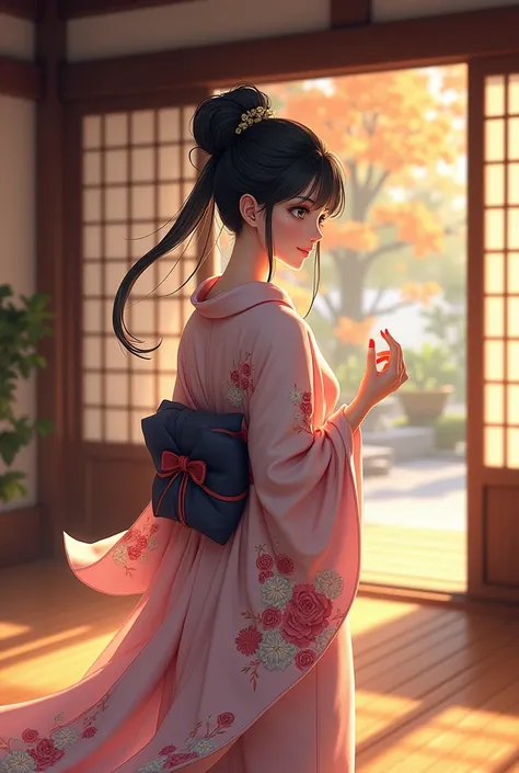 Anime woman, teahouse, japanese style, wearing a kimono, black hair, hair styled in a bun, beautiful