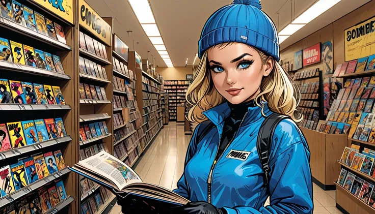 comic book store, ((smile)),
(inside), (((girl in Blue zipped up down winter jacket and black turtleneck )) and (jeans) and blue gloves and (((blue winter hat)))) stands and reads a comic book at the comic book store,adult, [Nordic], Hourglass elongated fi...