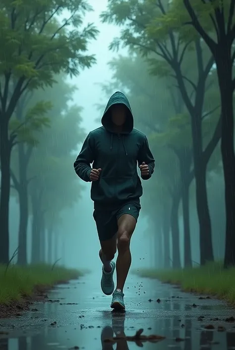 A thin figure guy wearing a hoodie, jogging under rain, in a park