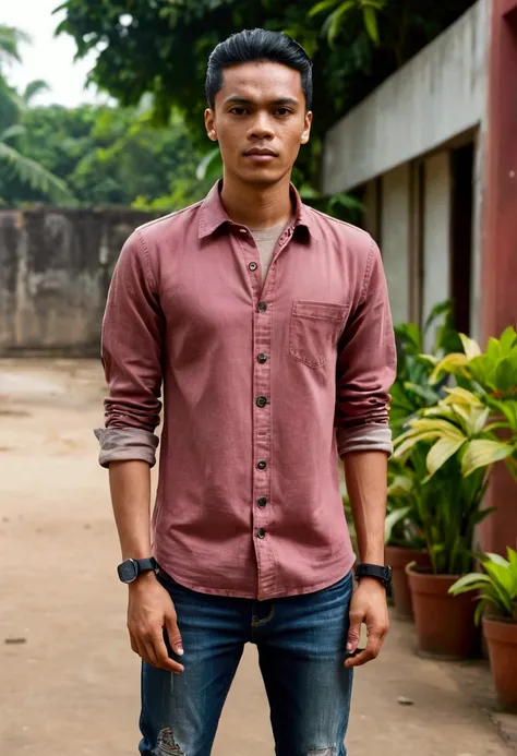 Please make me a realistic photo Indonesia man ((full body)) standing outside facing the viewer. This guy was wearing a light maroon long-sleeved shirt with buttons, dark torn jeans with rolled up ends, and light brown Adidas samba shoes. An iPhone smartwa...