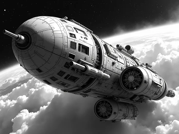 Masterpiece, professional, award-winning, intricate details, ultra high detailed, 64k, dramatic light, volumetric light, dynamic lighting, Movie Aesthetic, action shot, photo real, cinematic moviemaker style. a spaceship floating in space, from comic book ...