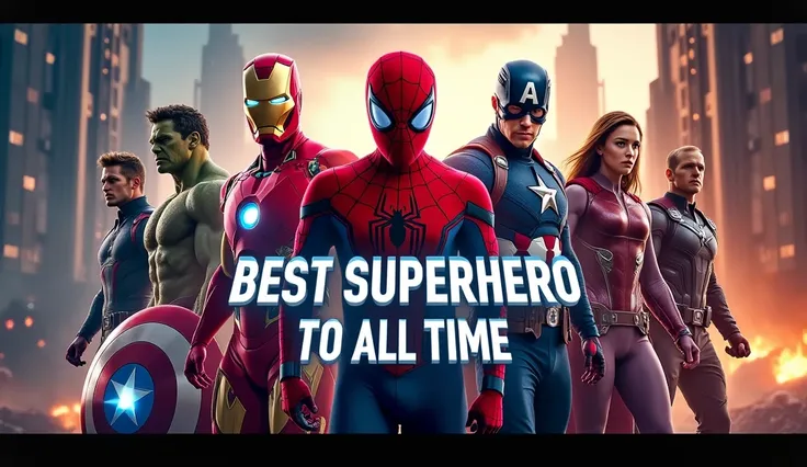 Create a YouTube video thumbnail for Top 5 Superhero movies, the picture should be images of Spiderman and Avengers and the text should be Best Superhero movies of all time in bold letters