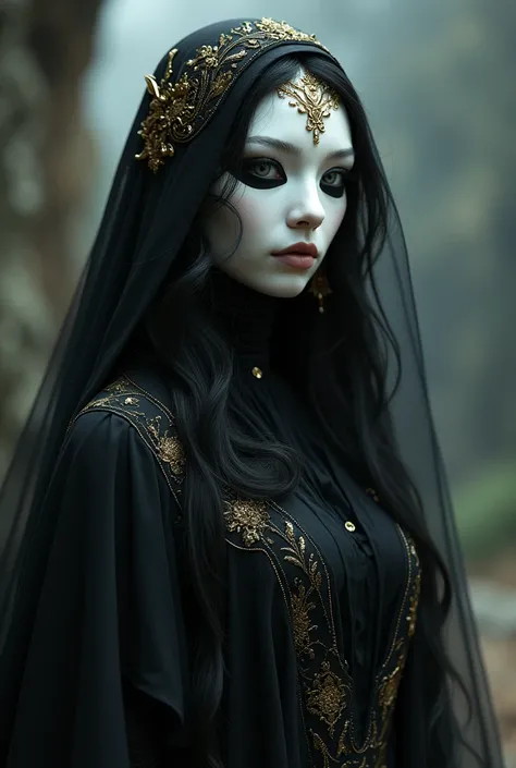 a  mysterious maiden wearing a black and white robe with golden accessories, a white porcelain mask covers her face and is part of a  black veil covering her hair