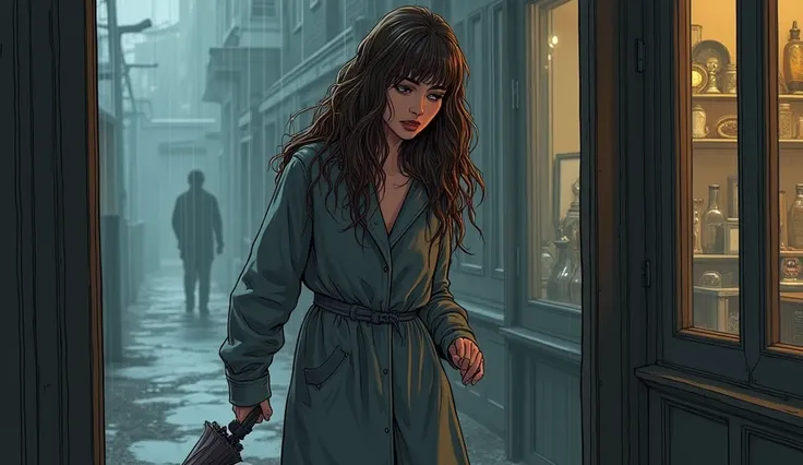 Prompt: A comic-style scene of Clara, a young woman in her late twenties, entering the antique shop. She’s drenched from the rain, her long, wavy brown hair sticking to her face. Clara wears a simple gray raincoat, now soaked through, and holds a broken um...