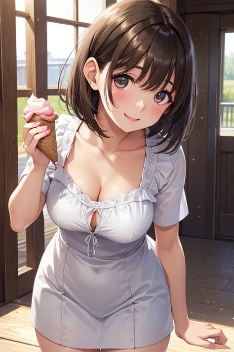 A girl licks ice cream suggestively、anegasaki nene、Shiny brown hair, short hair, (Beautiful brown eyes)、smile、Sparkling eyes, (Fine grain)、Ultra-detailed eyes、Highly detailed face, Highly detailed eyes,Cowboy Shot、