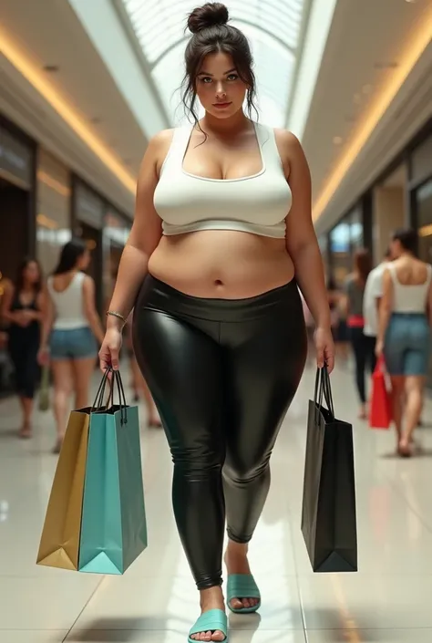 A very realistic project, Full body image of a chubby woman with a beautiful face. She wears a messy ban hairstyle and has green eyes and is dressed in a loose, white cropped top that reveals her abdomen, accompanied by tight leather leggings. Wear some ba...