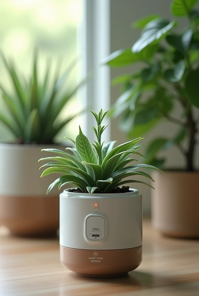 A blueprint of a automated plant irrigation device which has a timer, bluetooth connector, power button, and solar panel that powers the device. Make it like a stick to put in a plant pot