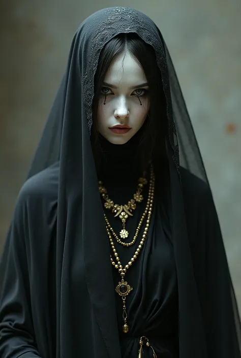 a  mysterious maiden wearing a black and white robe with golden accessories, a white porcelain mask covers her face and is part of a  black veil covering her hair