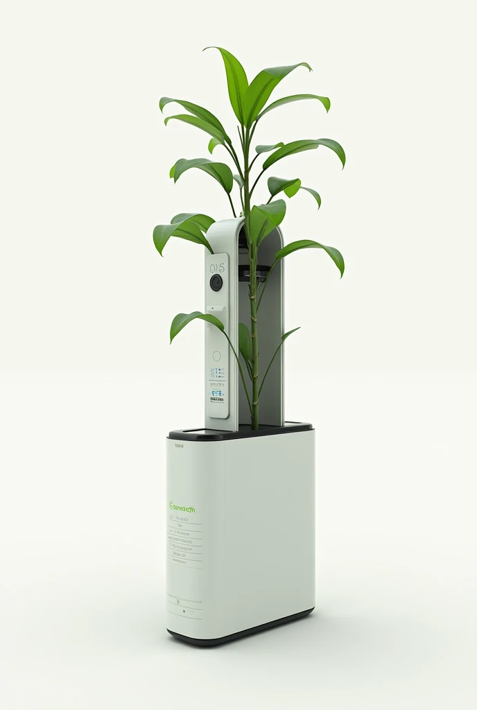 A blueprint of a automated plant irrigation device stick which has a timer, bluetooth connector, power button, and solar panel that powers the device. 