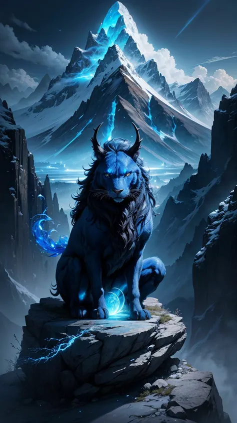 A highly detailed image of a magical creature sitting on the mountain ,blue aura ,magical beast ,mountains ,angry ,black ,night