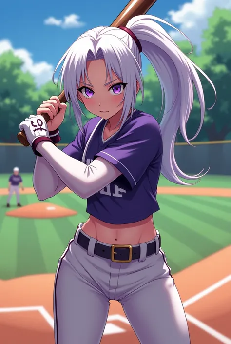 white hair 、Baseball players、strike zone、batting、High School Students、Girl、Single ponytail 、Purple Eyes、Short outside and long inside top