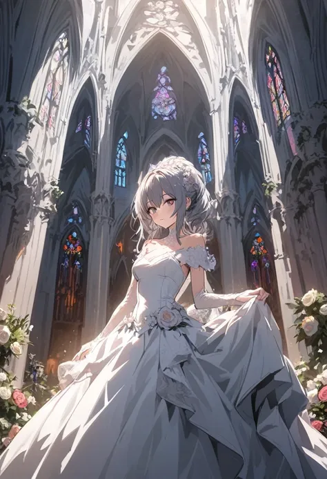 young girl in a wedding dress, gothic church decorated with flowersundefined, undefined, undefined, undefined,