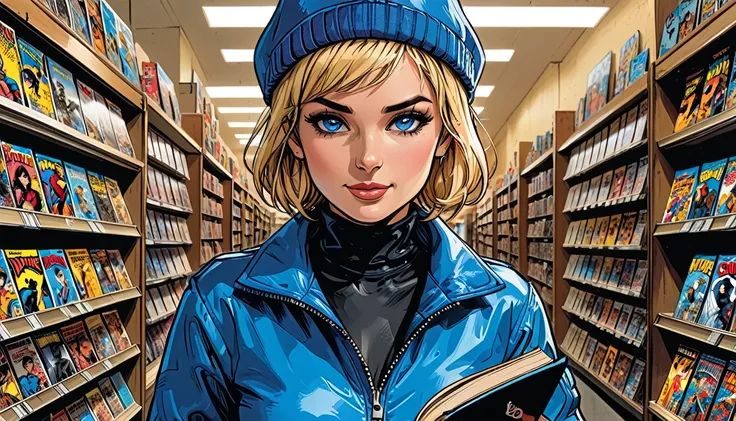 comic book store, ((smile)), 
((looks down at a comic book)), ((eyes down at a comic book)),
(inside), (((girl in Blue zipped up down winter jacket and black turtleneck )) and (jeans) and blue gloves and (((blue winter hat)))) stands and reads a comic book...