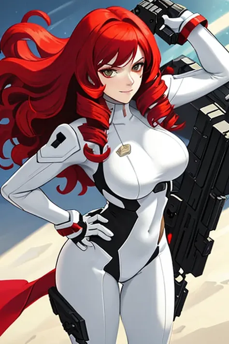 solo, Red hair, Curly Hair, smug face, woman,Cleavage,White combat suit,High leg suit,Thighs,Carry a grenade launcher,One hand on hip,Proud attitude,Gorgeous light,Sparkle Effect,Low - Angle