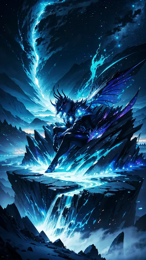 A highly detailed image of a magical creature sitting on the mountain ,blue aura ,magical beast ,mountains ,angry ,black ,night