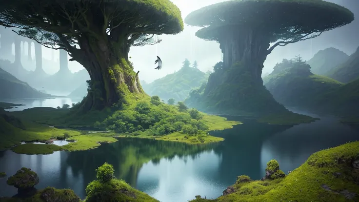 Photorealistic drone photo, In the center of the picture is a Mystical Valley with Floating Islands, A surreal valley where small, moss-covered islands float above a serene lake. The lake’s surface mirrors the sky, with gentle ripples creating a sense of c...