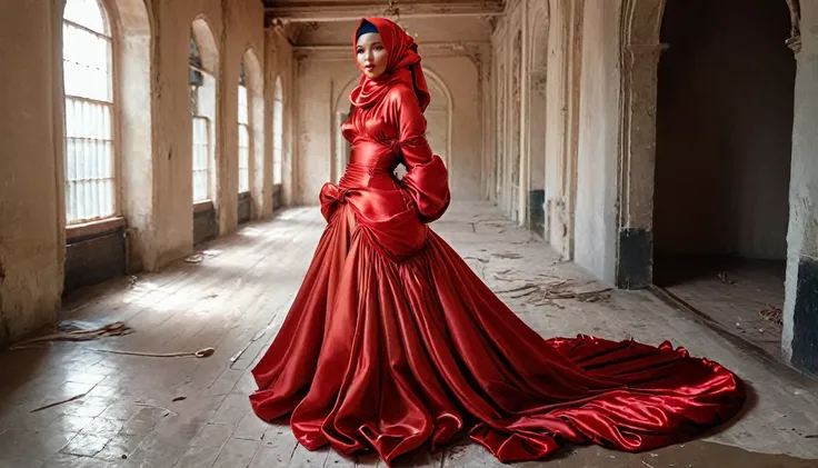 A woman shrouded in a 10-meter-long, plush red satin cloth, ballon sleeves,tight clothing from the waist to the thighs, tightly bound and grandly draping along the form of her body, flowing off into a pooled floor-length train, styled in a mermaid-inspired...