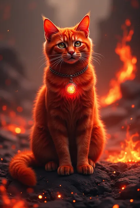 A red cat with a red,glowing stone hanging around his neck and sitting on the lava.
Fire balls float around the cat.