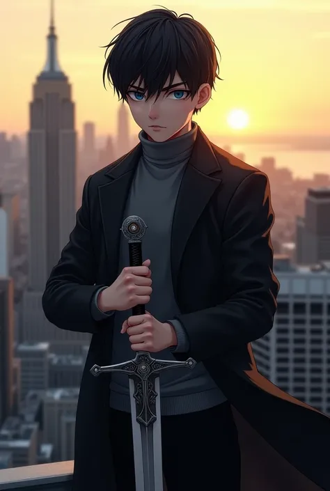 a boy, with black haired, blue eyes, wearing a gray turtle neck sweater on top of a black coat, While holding a Long sword on a rooftop, Arms fixed, with Clothes