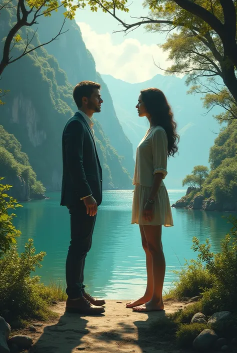 Two people talking without faces with heads separated from bodies. With a background of natural scenery that is beautiful and realistic as well as romantic 