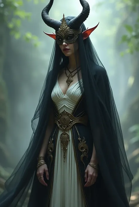 a  mysterious maiden with horns protruding from her head wearing a black and white robe with golden accessories, a mask covers her face and is part of a  black veil covering her hair