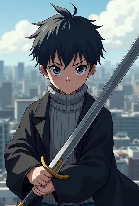 a boy, around age 2 with black haired, blue eyes, wearing a gray turtle neck sweater on top of a black coat, While holding a Long sword on a rooftop, Arms fixed, with Clothes