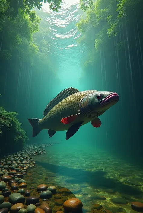 Underwater wide-angle view, hyper-realistic underwater sharpness, detailed, shaded and contrasting environment, rendered <An Amazonian fish "Pirarucu" (Arapaima gigas) with brownish green scales and a violet-pink tip, reddish fins, submerged in a stream wi...