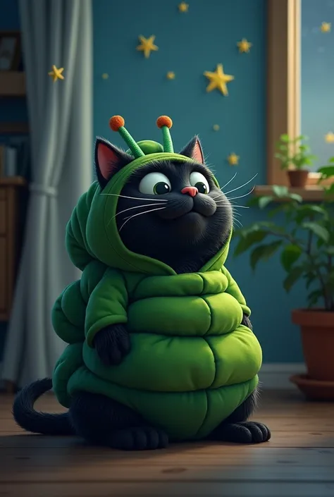 A fat, round black cat wearing a green caterpillar costume sits in the house looking at the stars.