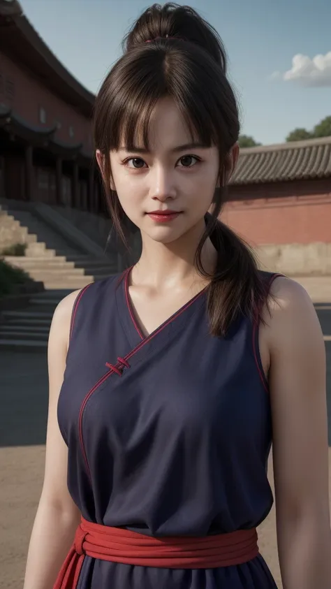 chichi, 1girl, solo, black eyes, black hair, blunt bangs, sidelocks, low ponytail,
china dress, blue dress, sleeveless, red sash...