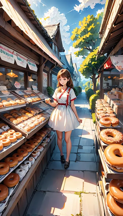 Beautiful, cute and lively donut shop. Host a tasting event. captivating girl eating donuts. Beautiful and extremely textured foreground and background, detailed, bright, Animation style high definition and high quality presentation((Masterpieces in up to ...