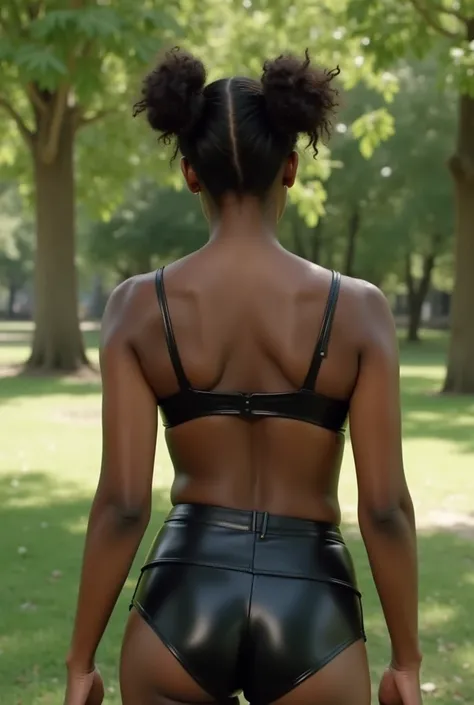 black woman hair in space buns black leather bra black leather short shorts getting fucked in the ass by ugly old woman in the park
