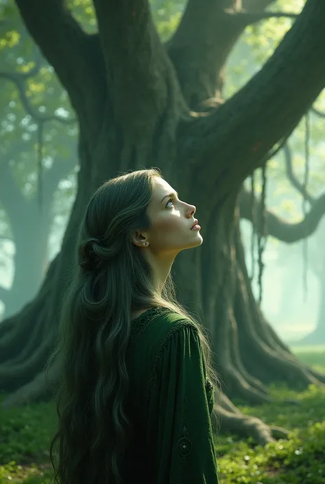 A woman with lead hair and bright emerald eyes stared up at the tree.