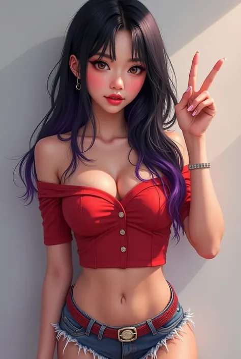 Asian girl with black hair and purple highlights wearing off shoulder red top with mcbling shorts selfie peice sign realism