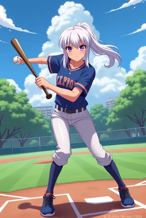 white hair 、baseball、High School Students、Girl、Single ponytail 、Purple Eyes