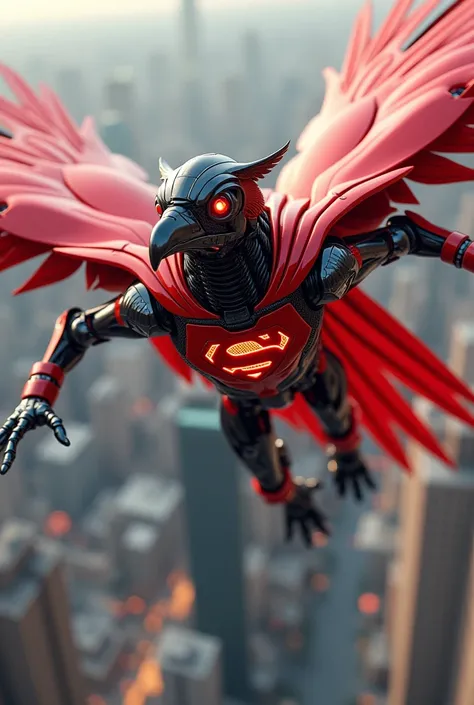 A robot Bird with red super hero costume 