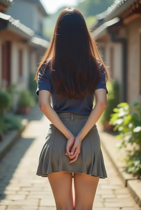 Korean girl in a skirt showing her pussy with her back to the camera 
