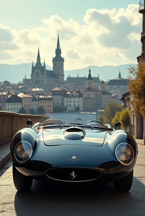 Vintage Ferrari in black and in the background a city in Switzerland 