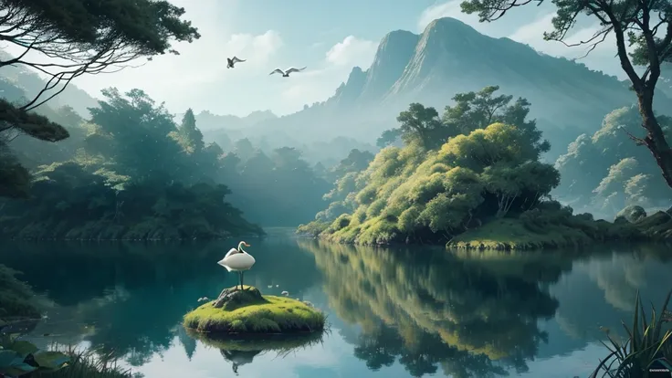 Photorealistic drone photo, In the center of the picture is a Mystical Valley with Floating Islands, A surreal valley where small, moss-covered islands float above a serene lake. The lake’s surface mirrors the sky, with gentle ripples creating a sense of c...