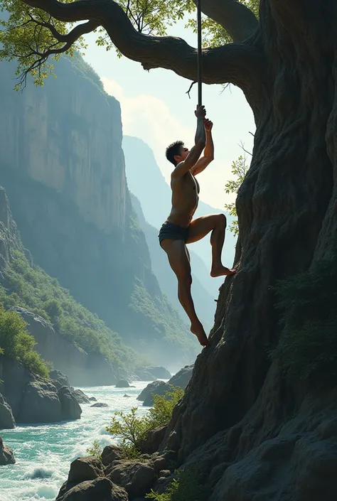 A lean, cat-like male figure with an energetic gait, doing pull ups on a huge and tall tree, besides a cliff, and river