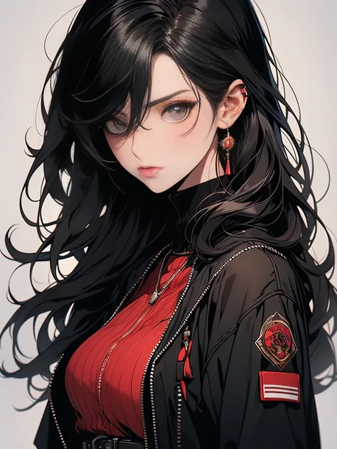 High Quality, Zenooe artstyle, side pose, A young woman, aged 24, dressed in a functional yet stylish black outfit with subtle maroon or bright red accents. She has a a short, messy bob with dark, textured layers that give it a windswept look. The front ba...