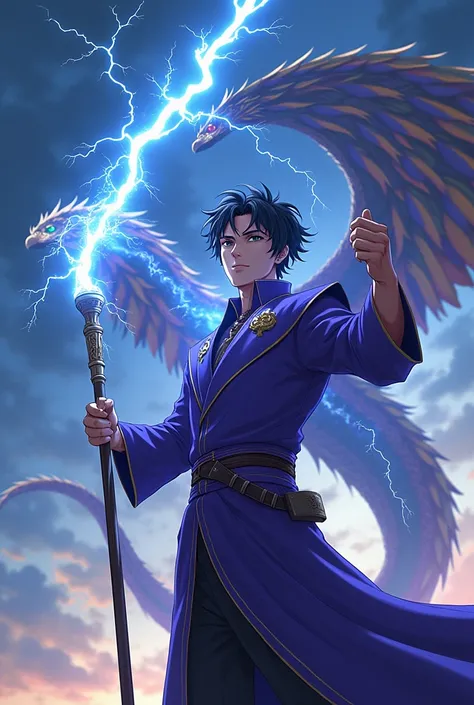 anime, man 30 years old, dark hair, lightning comes out of his eyes, air stict, dressed in a purple magicians robe, has a metal staff on which lightning strikes. ((Behind him a serpent with multi-colored feathers, winged, quetzalcoatl)). Electricity emanat...