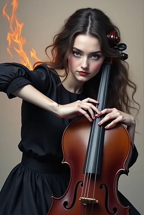 woman in black dress holding a violin in front of a fire, portrait sophie mudd, portrait shot, album art, fanart, fantasy violin, close up portrait shot, musician, cello, classical witch, closeup portrait shot, black metal rococo, in the style of tom bagsh...